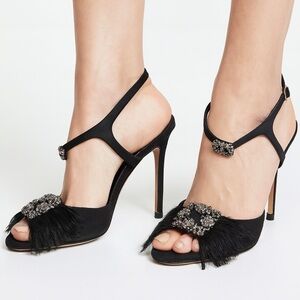 Rare Black MANOLO BLAHNIK Hangisi Crystal & Fringe Embellished Heels Siz…